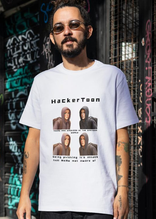 A man standing in front of a store with HackerToon t-shirt