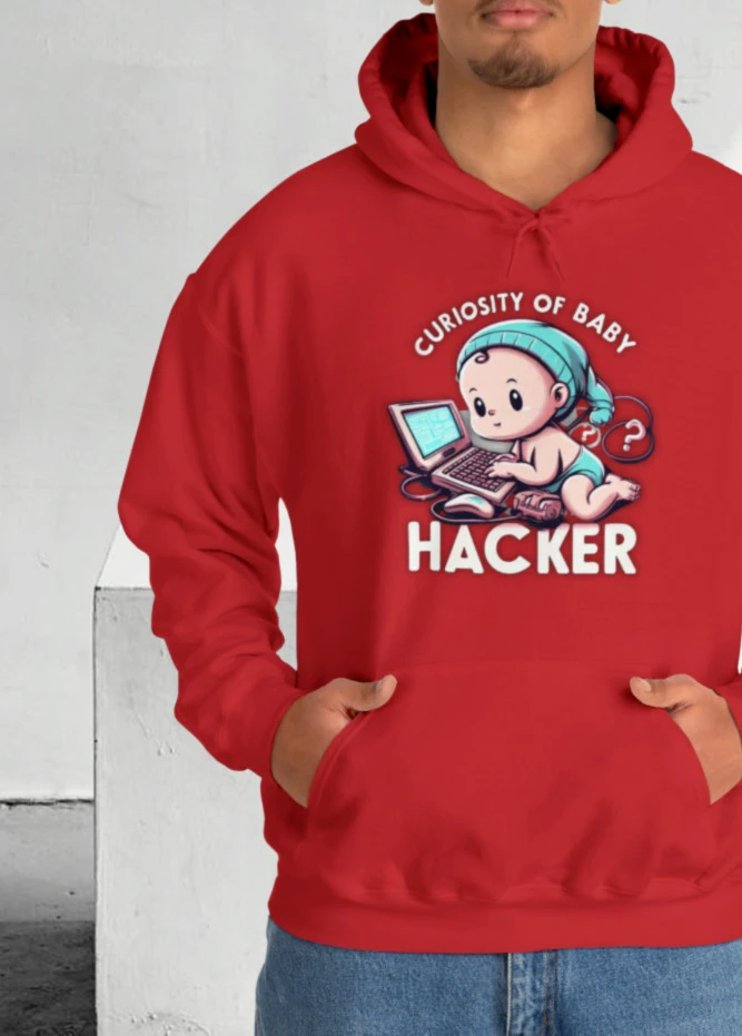 A man figure wearing a Curiosity-of-Baby-hacker-hoodie