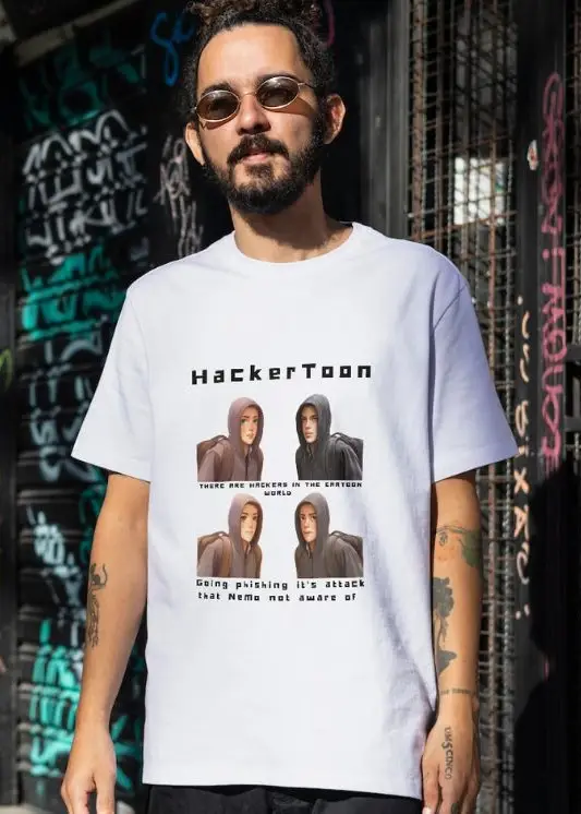 A man standing in front of a store with Hackers Toon T-shirt