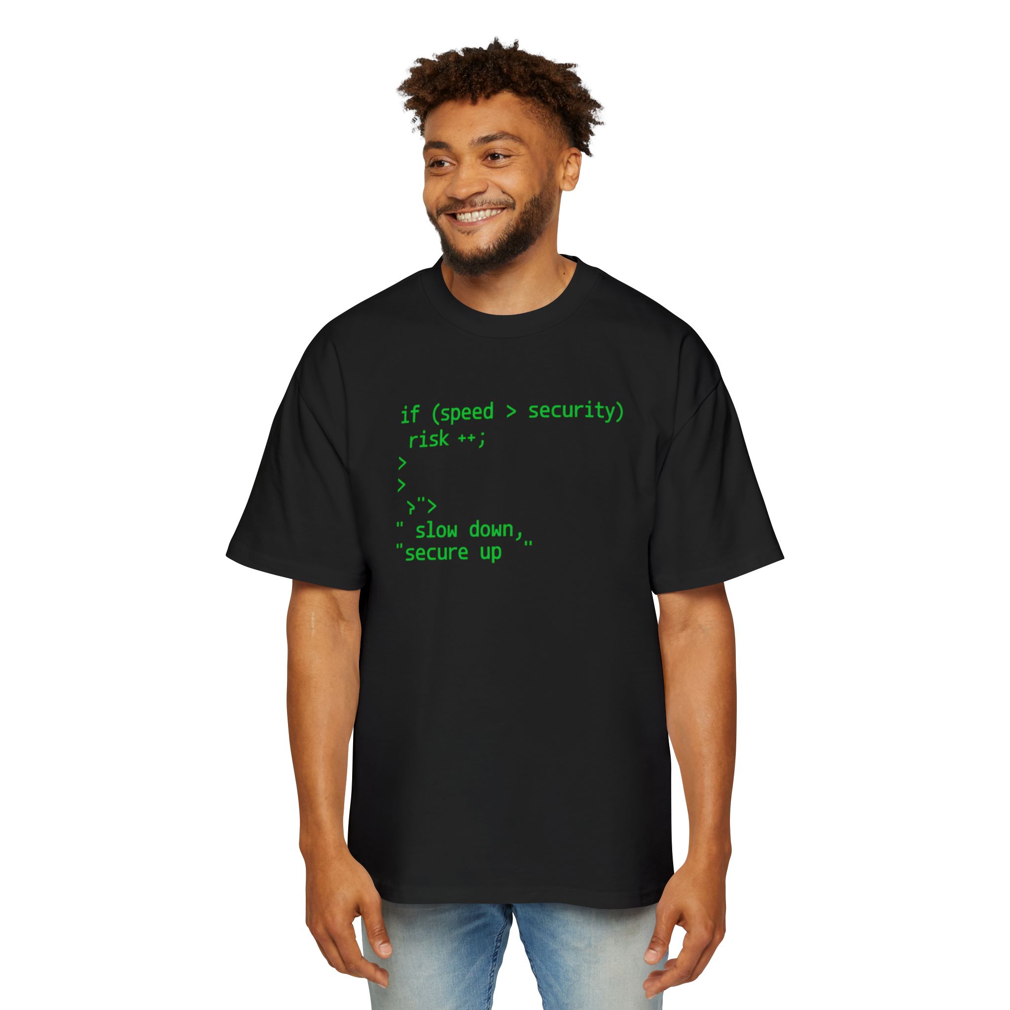 5706875614030305732_2048.jpeg Speed vs Security Code Statement Oversized Tee