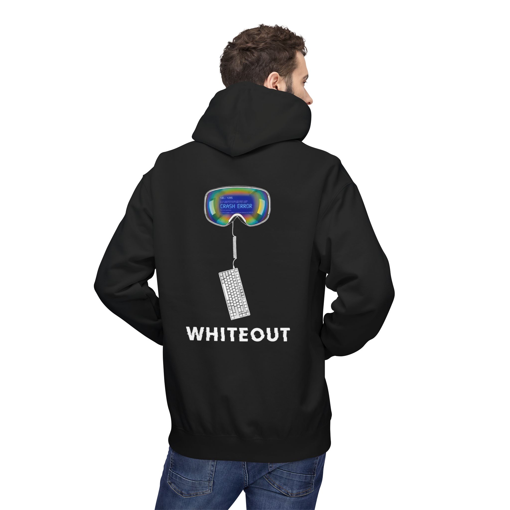 Cyberpunk Whiteout Hacker Softstyle Hoodie, CRASH ERROR Goggles Retro Keyboard