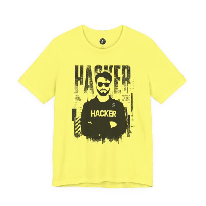 The Figure of Hacker T-Shirt HA03 in yellow, front print of the distressed hacker portrait