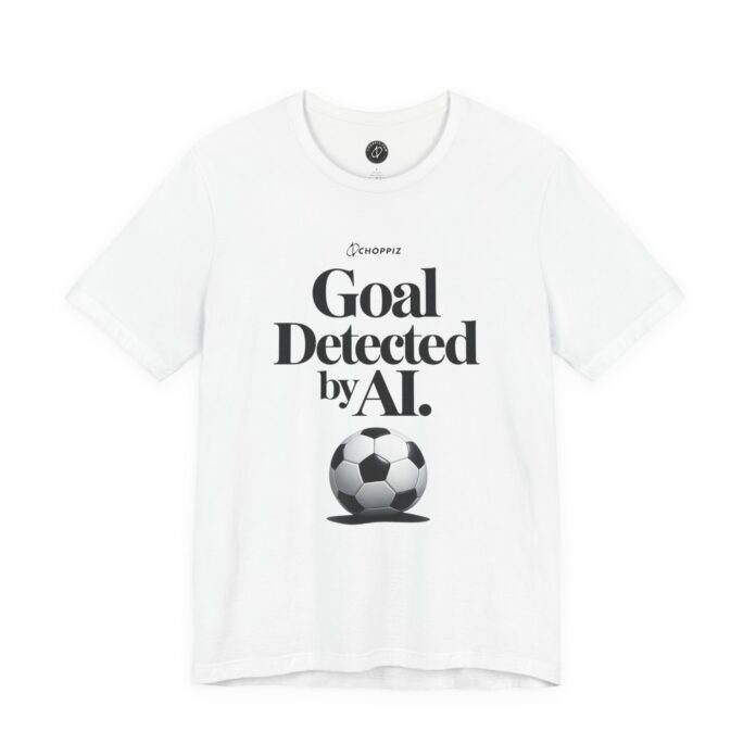 Goal Detected by AI Soccer Graphic T-Shirt in white, flat lay of the typography print