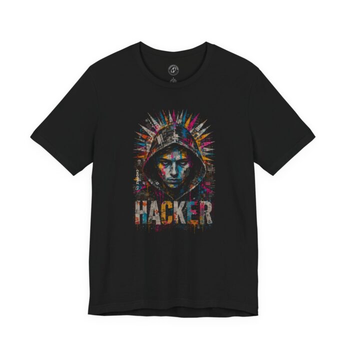 Hacker Street Art T-Shirt in black, front print of the hooded portrait graphic