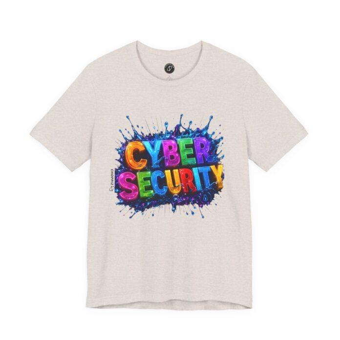 Colorful Cyber Security T-Shirt in heather dust, flat lay of the paint splash lettering