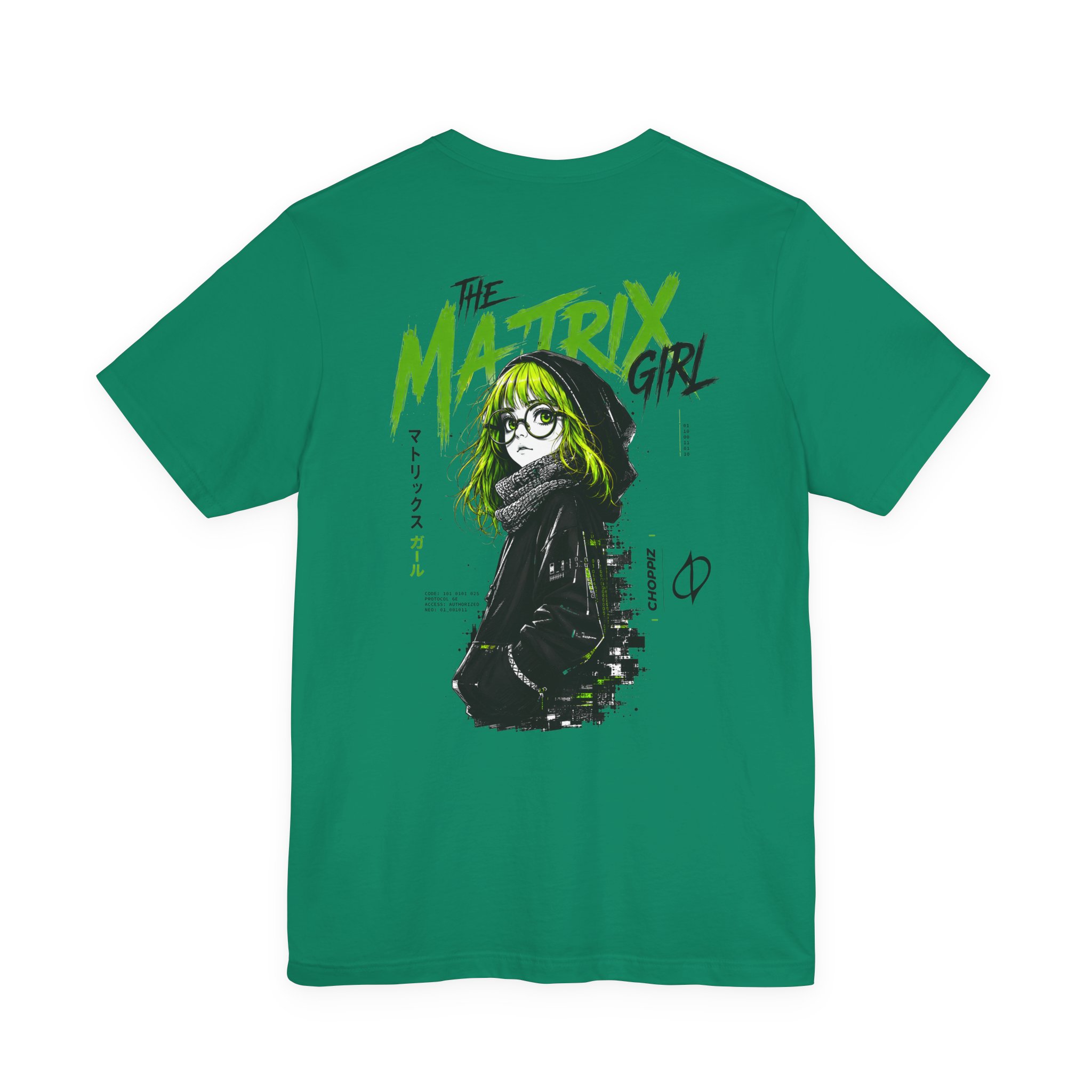 Green T-shirt with The Matrix Girl graphic and Japanese text