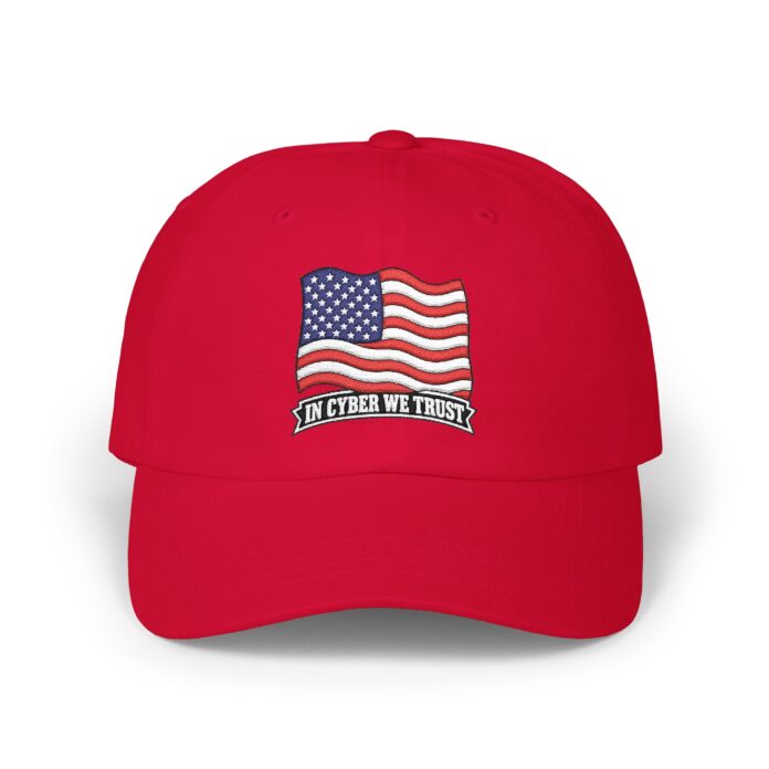 In Cyber We Trust Cap in cranberry, front view of the IN CYBER WE TRUST embroidery