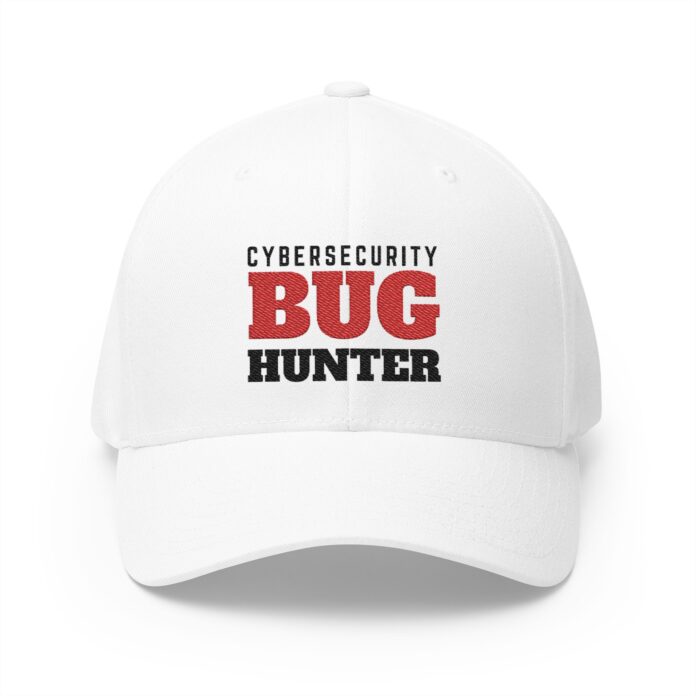 Cybersecurity Bug Hunter Cap in white, front view of the Cybersecurity Bug Hunter embroidery