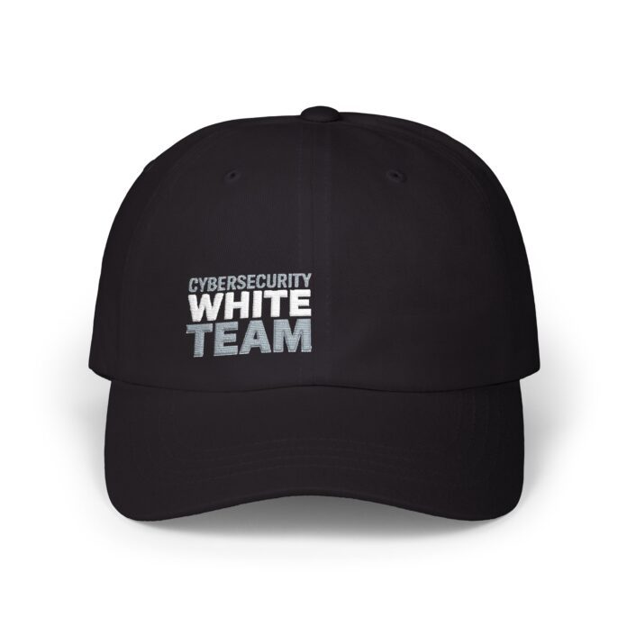 White Hat Hacker L Cap in black, front view of the WHITE HAT HACKER L embroidery