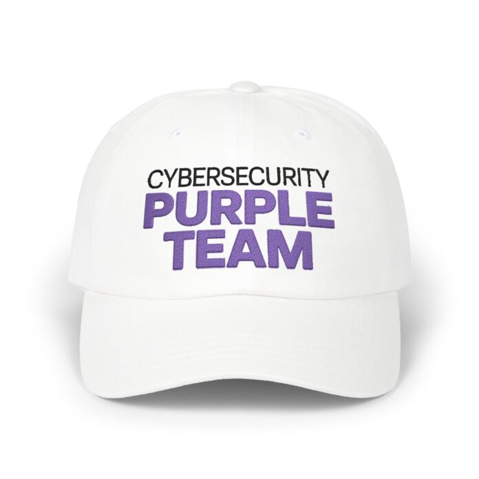 The Cybersecurity Purple Team Cap in white, front view of the Cybersecurity Purple embroidery