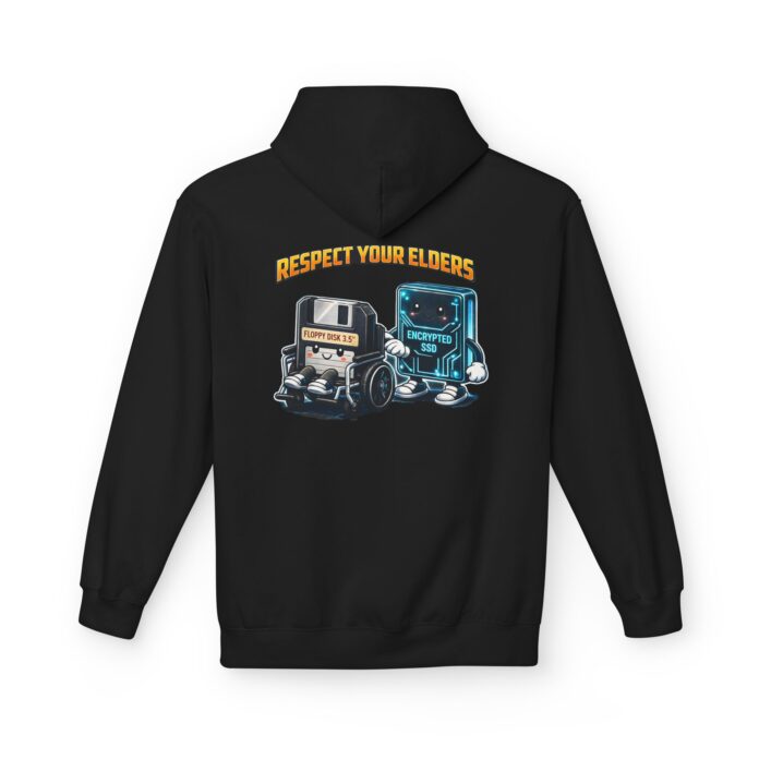 Respect Your Elders Softstyle Hoodie in black, retro floppy hoodie with back print