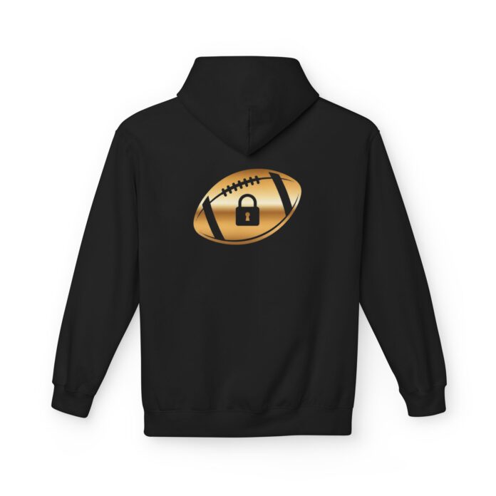 Gold Football Lock Cyber Defense Softstyle Hoodie in black, gold football hoodie with back print