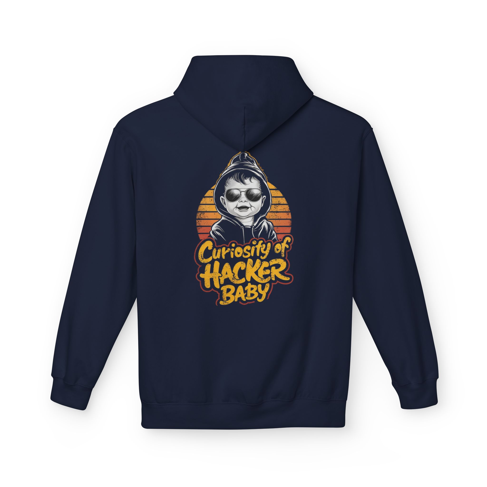 Curiosity of Hacker Baby Softstyle Hoodie in navy, curious hacker hoodie, back print