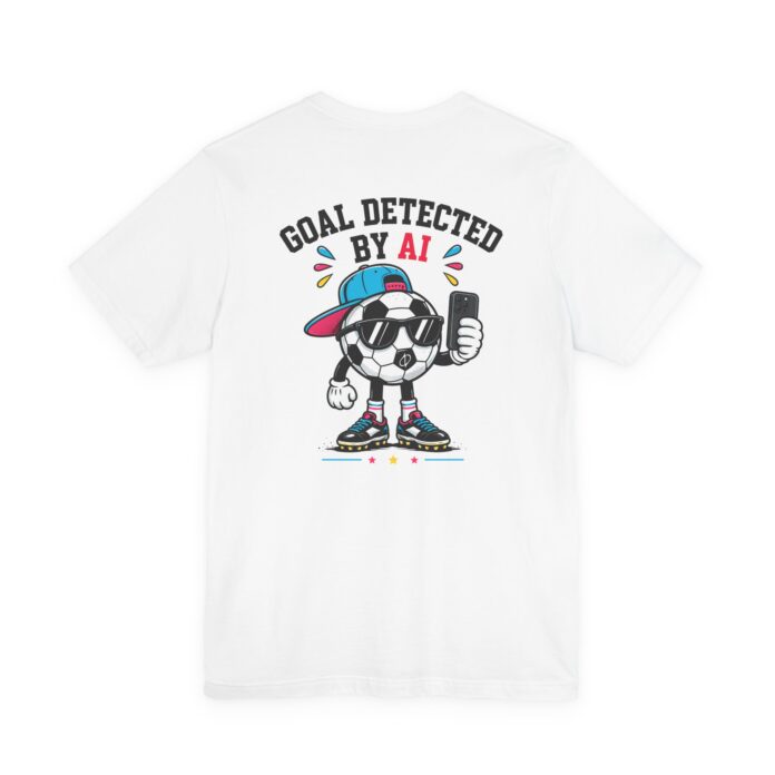 Goal Detected By AI Soccer T-Shirt in white, back print of the soccer mascot graphic