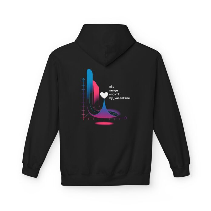 Git Merge My Valentine Softstyle Hoodie in black, git merge hoodie with back print
