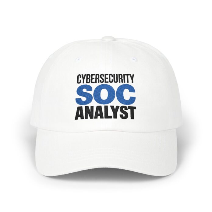 Cybersecurity SOC Analyst D01 Cap in white, front view of the Cybersecurity SOC Analyst embroidery