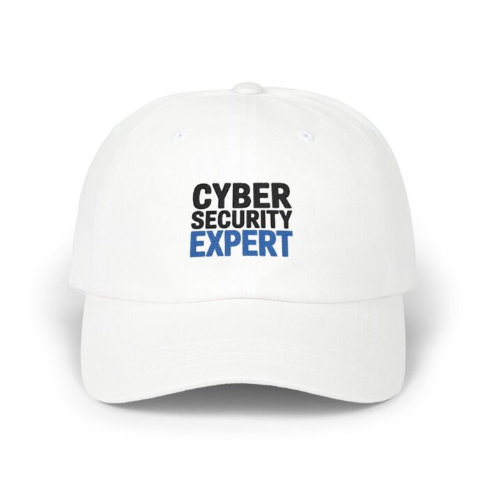 Cyber Security Expert Dad Hat in white, front view of the Cyber Security Expert embroidery