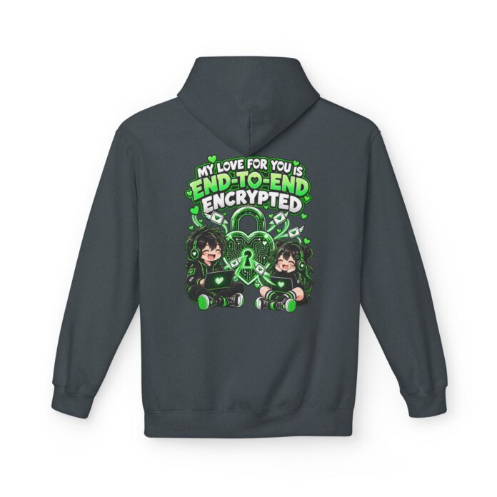 End-to-End Encrypted Love Softstyle Hoodie in dark heather, encrypted love hoodie with back print