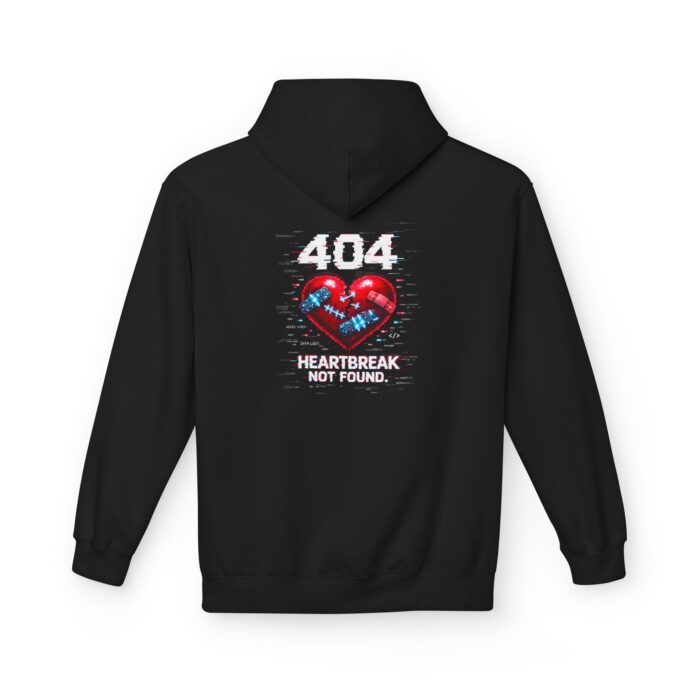 404 Heartbreak Not Found Softstyle Hoodie in black, heartbreak hoodie with back print