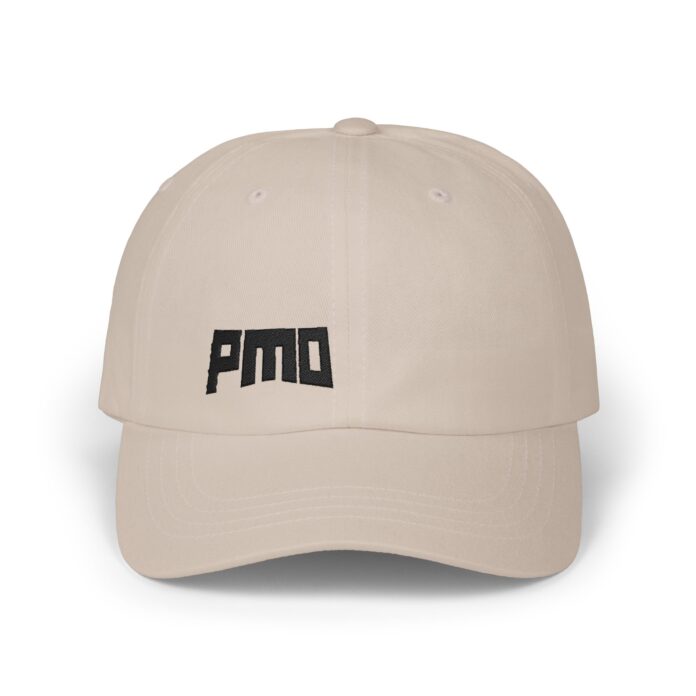 PMO Cap in stone, front view of the PMO embroidery