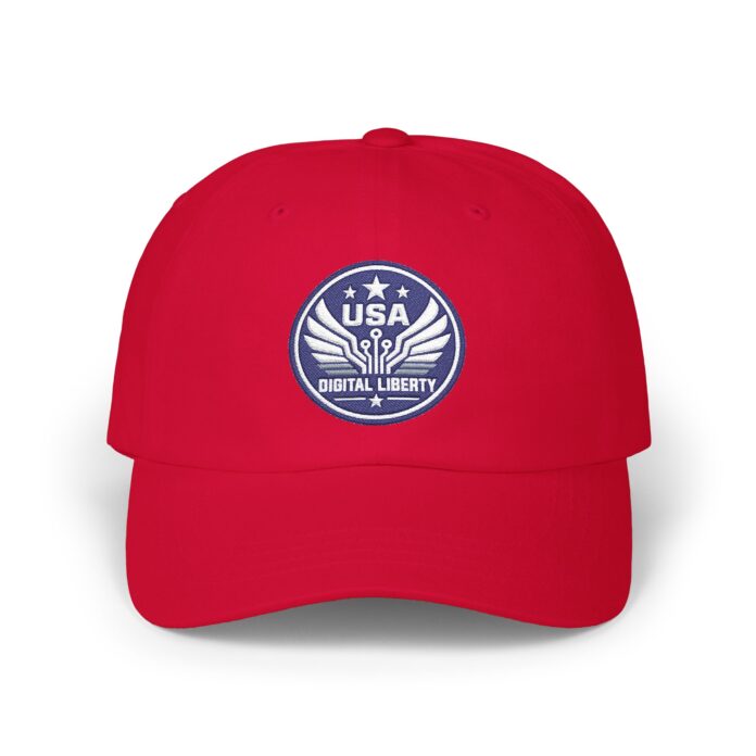 USA Digital Liberty Guarded and Free Cap in cranberry, front view of the USA Digital Liberty Guarded embroidery