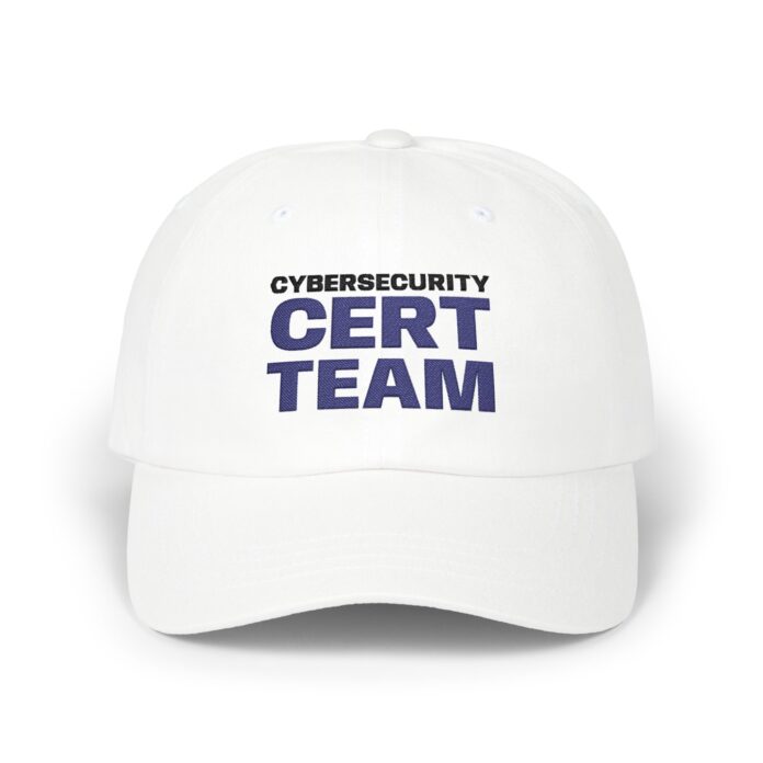 The Cybersecurity CERT Team Cap in white, front view of the The Cybersecurity CERT Team embroidery