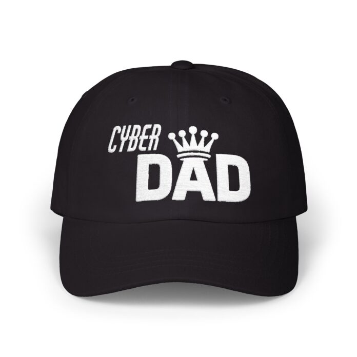 Cyber DAD - White Cap in black, front view of the CYBER DAD - WHITE embroidery