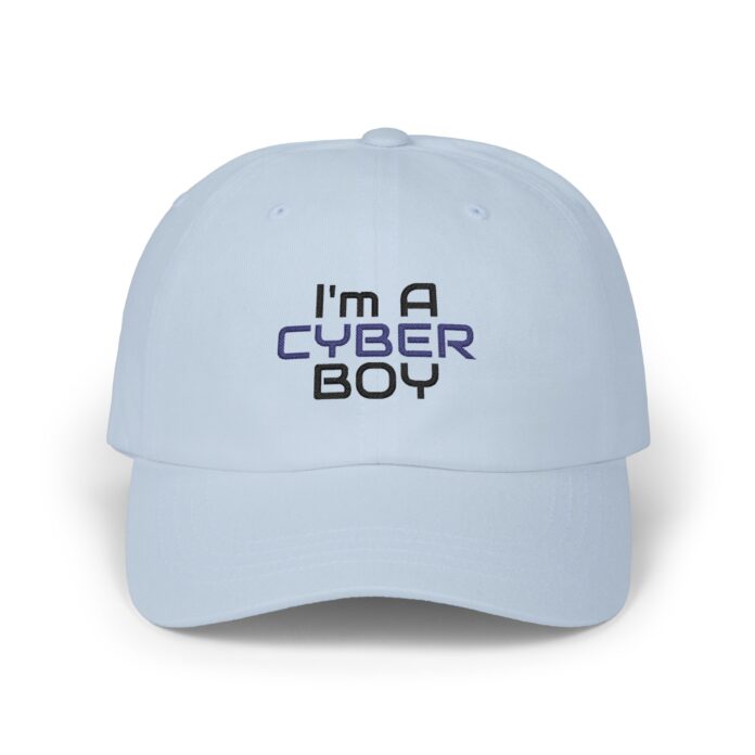 I’m a Cyber Boy Cap in light blue, front view of the I’M A CYBER BOY embroidery