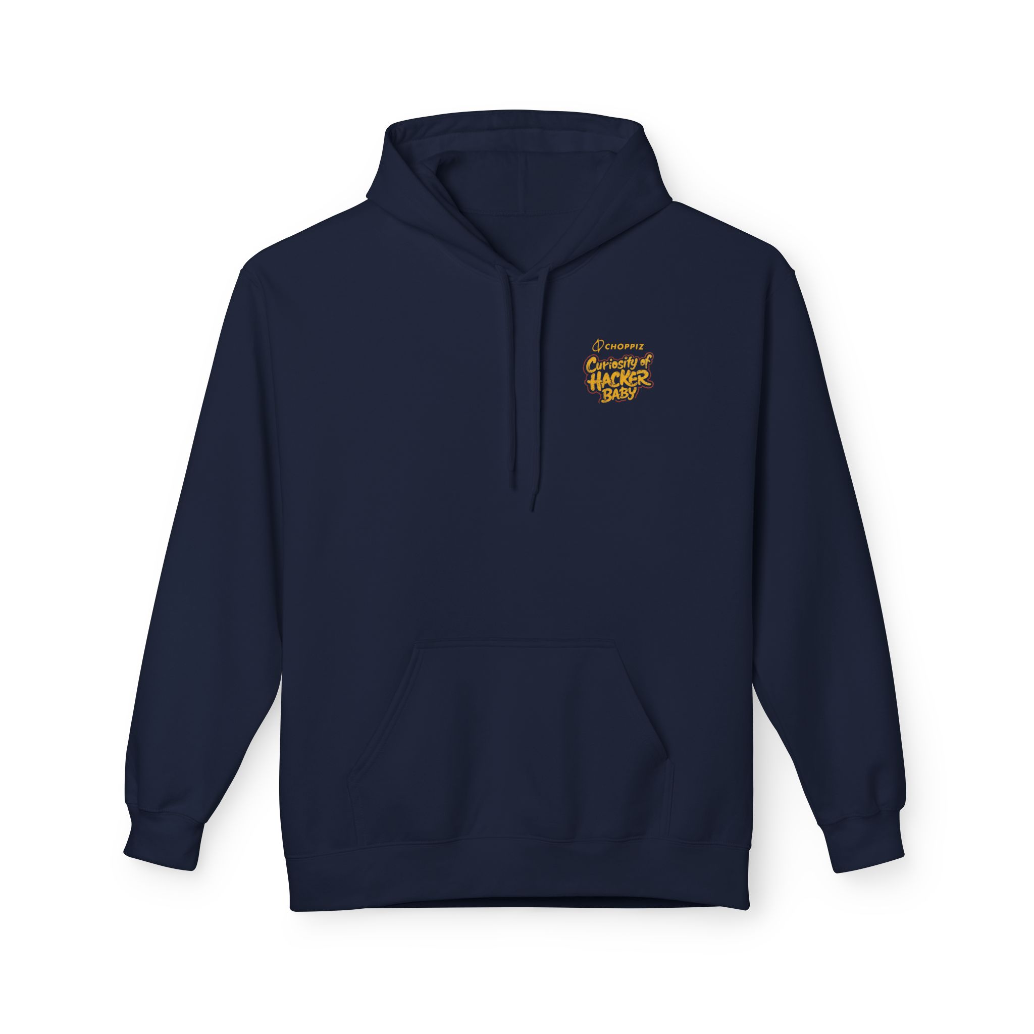 Curiosity of Hacker Baby Softstyle Hoodie in navy, front view with small chest logo