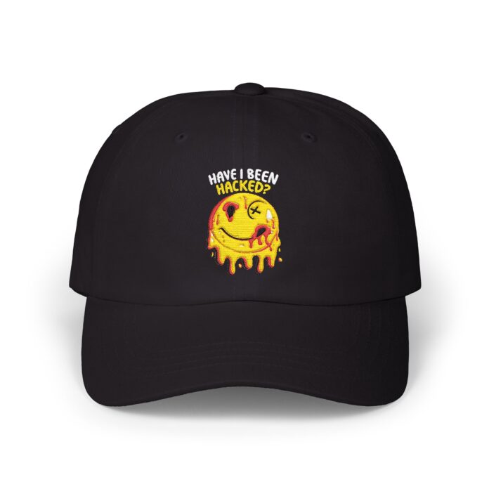 Have I Been Hacked? Cap in black, front view of the HAVE I BEEN HACKED? embroidery