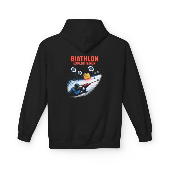 BIATHLON Exploit and Run Root Access Softstyle Hoodie in black, biathlon hacker hoodie with back print