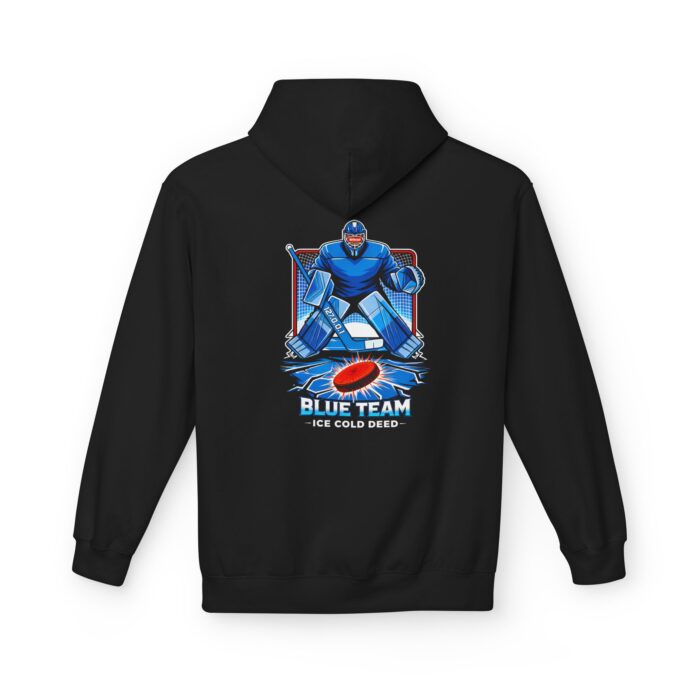 Blue Team 127.0.0.1 Goalie Softstyle Hoodie in black, hockey goalie hoodie with back print