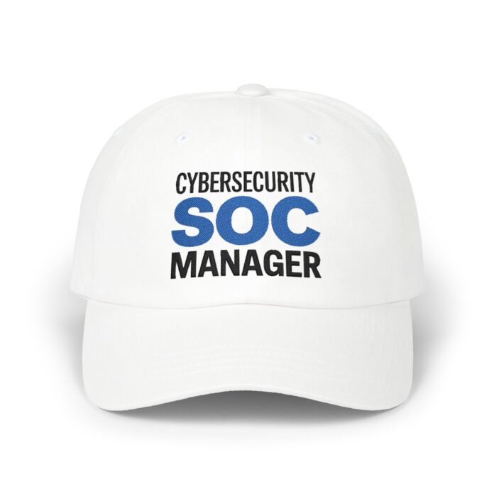 Cybersecurity SOC Manager D01 Cap in white, front view of the Cybersecurity SOC Manager embroidery
