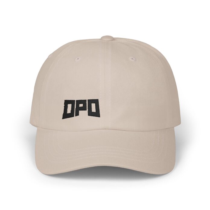 DPO Cap in stone, front view of the DPO embroidery
