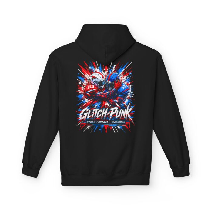 Glitch-Punk Cyber Football Warriors Softstyle Hoodie in black, glitch football hoodie with back print