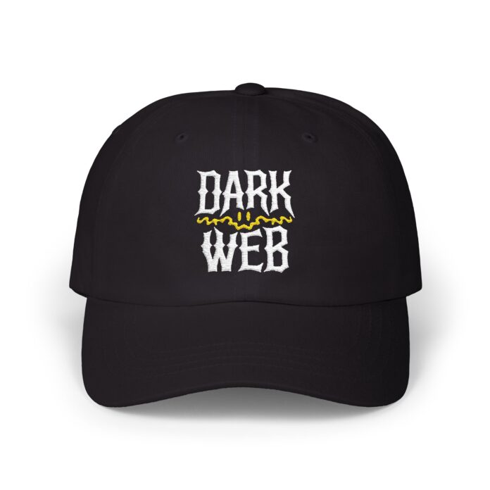 Dark Web Cap in black, front view of the DARK WEB embroidery