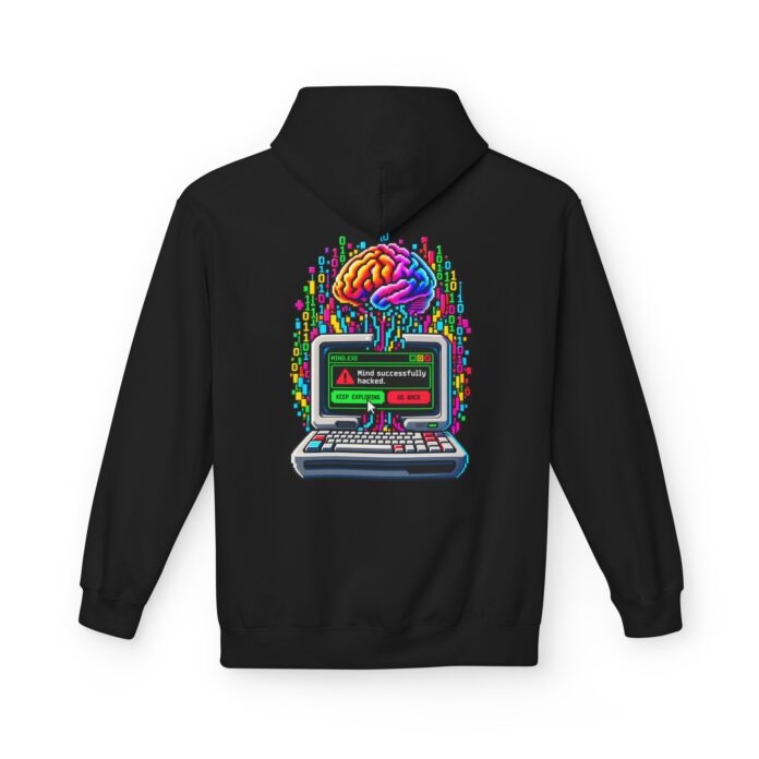 Mind Successfully Hacked Softstyle Hoodie in black, cognitive hacking hoodie with back print