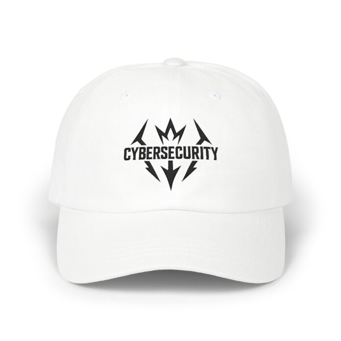 Cybersecurity Crown Cap in white, front view of the CYBERSECURITY CROWN embroidery