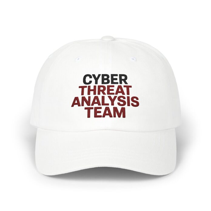 Cyber Threat Analysis Team Cap in white, front view of the Cyber Threat Analysis Team embroidery
