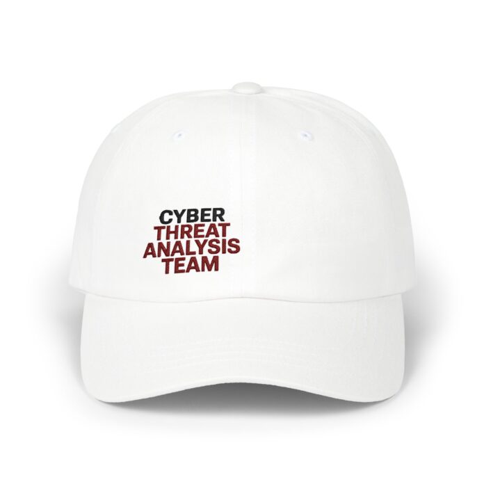 Cyber Threat Analysis Team L Cap in white, front view of the Cyber Threat Analysis Team L embroidery