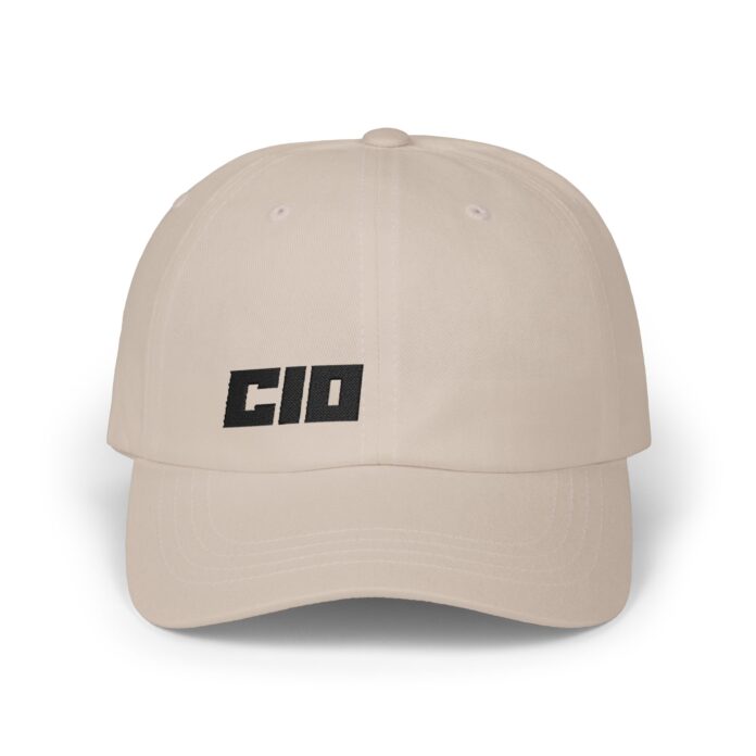 CIO Cap in stone, front view of the CIO embroidery