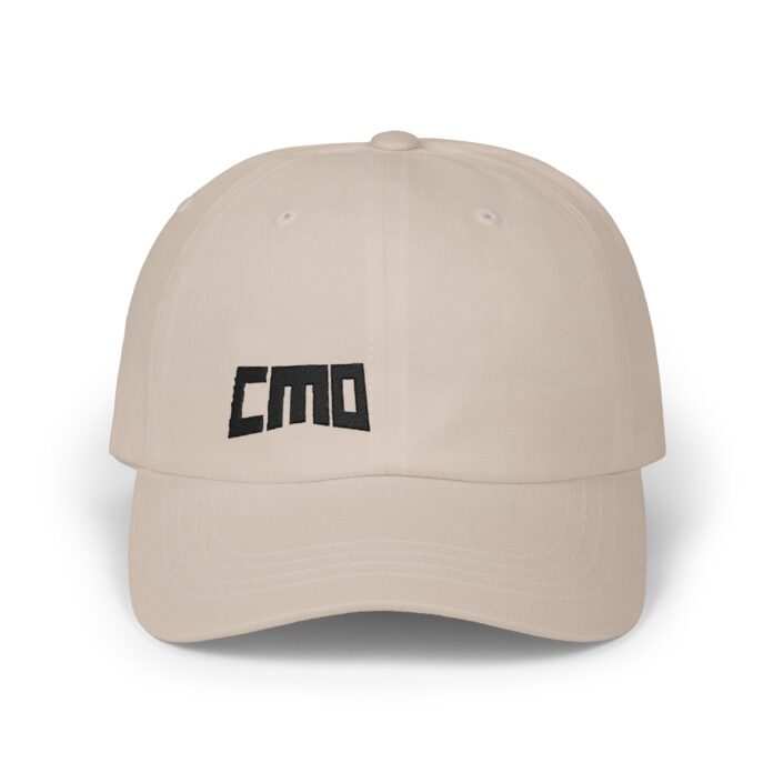 CMO Cap in stone, front view of the CMO embroidery