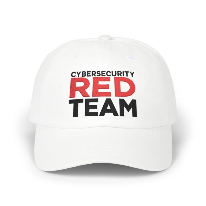 The Cybersecurity Red Team Cap in white, front view of the The Cybersecurity Red Team embroidery