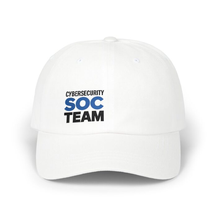 Cybersecurity SOC Team D02 Cap in white, front view of the Cybersecurity SOC Team D02 embroidery