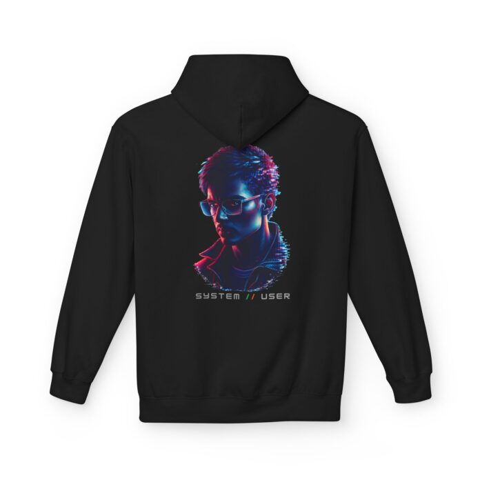SYSTEM USER Glitch Art Cyberpunk Softstyle Hoodie in black, glitch art hoodie with back print
