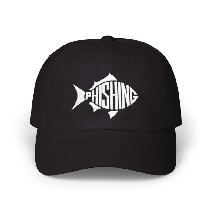 Phishing Fish Cap in black, front view of the PHISHING FISH embroidery