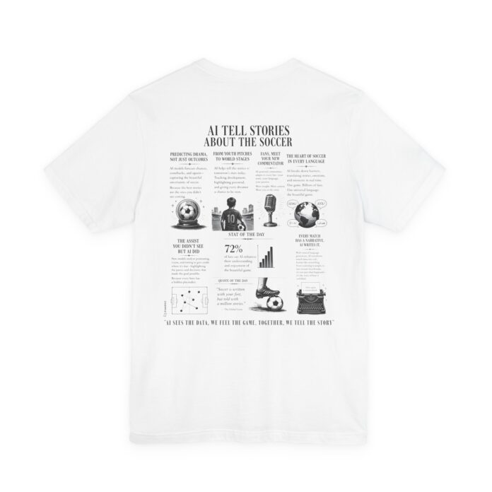 AI Soccer Stories Data and Analytics Graphic T-Shirt in white, back print of the data infographic panel