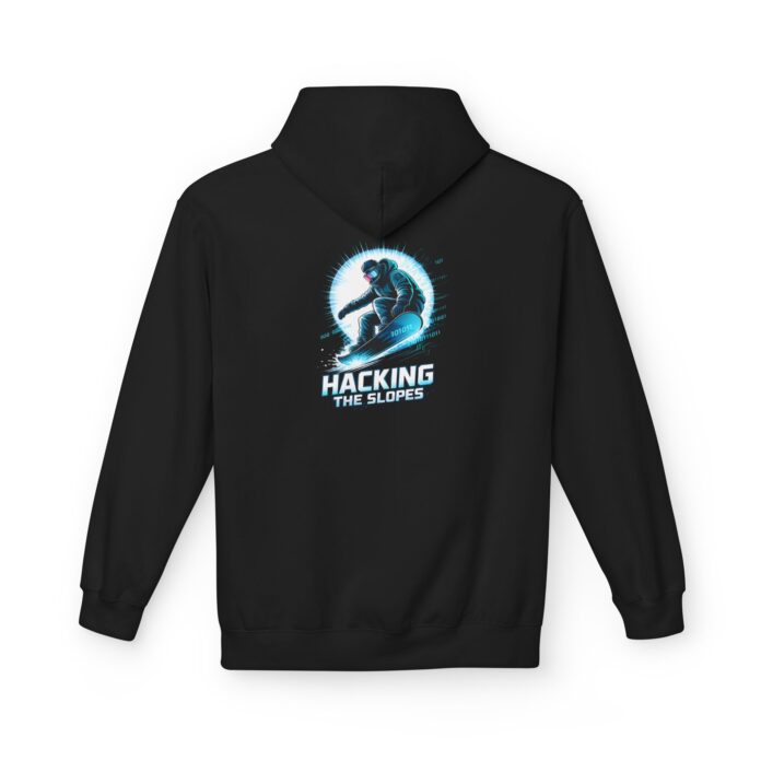 Hacking the Slopes Cybersecurity Softstyle Hoodie in black, snowboarder hoodie with back print