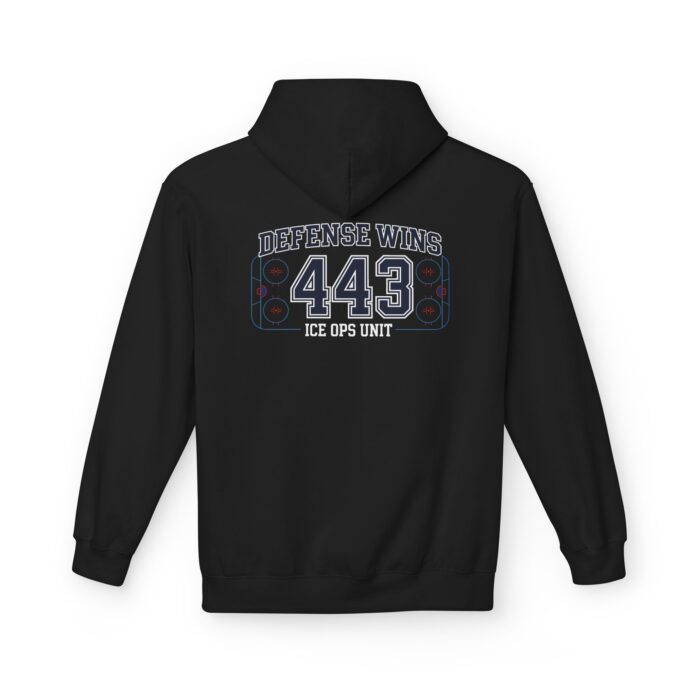 Defense Wins 443 ICE OPS UNIT Softstyle Hoodie in black, hockey hacker hoodie with back print
