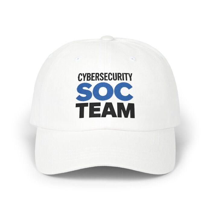 Cybersecurity SOC Team D01 Cap in white, front view of the Cybersecurity SOC Team D01 embroidery